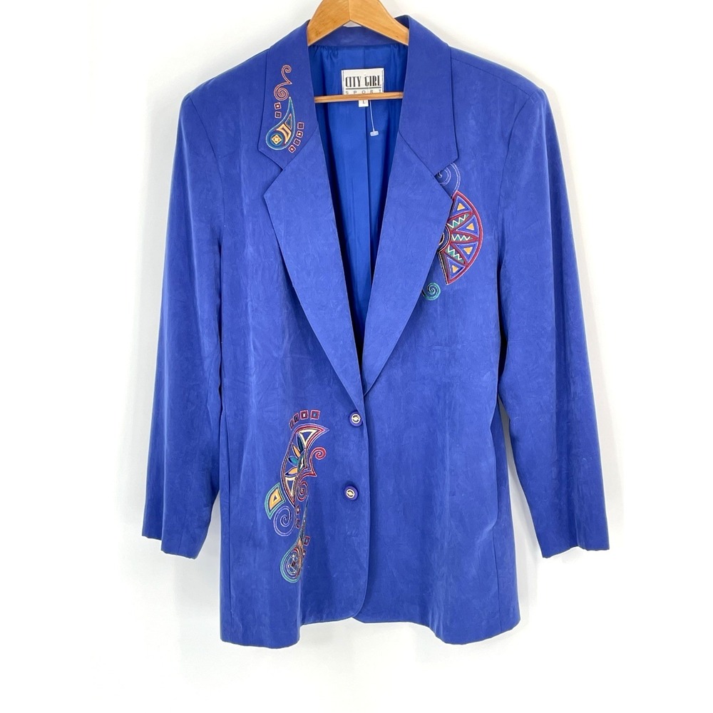 Vtg City Girl Sport Womens Blazer Large Blue Embroidered Sholder Pads Suede Feel